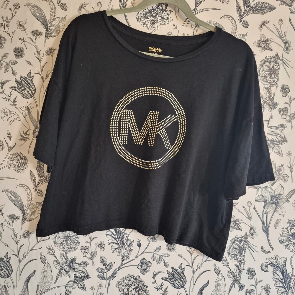 Michael Kors Womens XL Gold Studded MK Logo Cropped Boxy T-Shirt Designer Casual